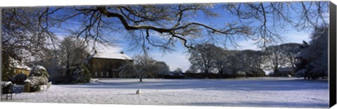 Framed Snow covered village, Crakehall, North Yorkshire, England Print