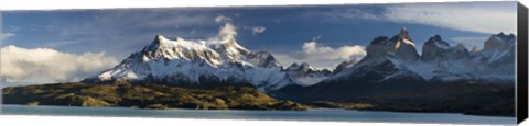 Framed Lake in front of mountains, Lake Pehoe, Cuernos Del Paine, Paine Grande, Torres del Paine National Park, Chile Print