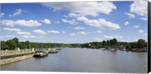 Framed Container ships at a canal lock, Neckar River, Lauffen am Neckar, Baden-Wurttemberg, Germany Print