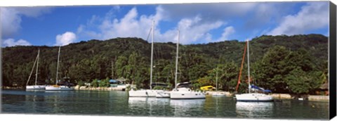 Framed Yachts anchored at the harbor on La Digue Island, Seychelles Print