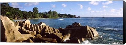 Framed Large granite rocks on the shoreline of La Digue Island, Seychelles Print