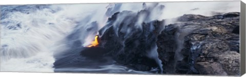 Framed High angle view of lava flowing into the Pacific Ocean, Volcano National Park, Hawaii, USA Print