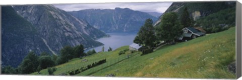 Framed High angle view of a river surrounded by mountains, Kjeasen, Eidfjord, Hordaland, Norway Print