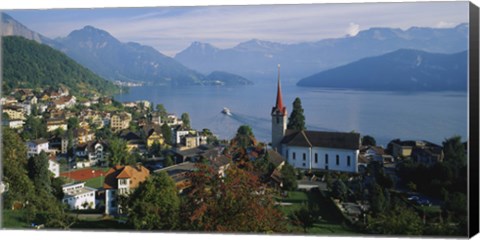 Framed VillageWeggis &amp; Lake Vierwaldstattersee, Switzerland Print