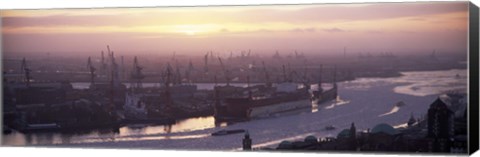 Framed High angle view of container ships in the river, Elbe River, Landungsbrucken, Hamburg Harbour, Hamburg, Germany Print