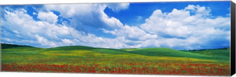 Framed Open Field, Hill, Clouds, Blue Sky, Tuscany, Italy Print