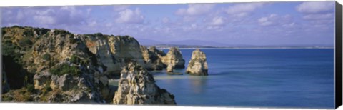 Framed Rock formations on the beach, Algarve, Portugal Print