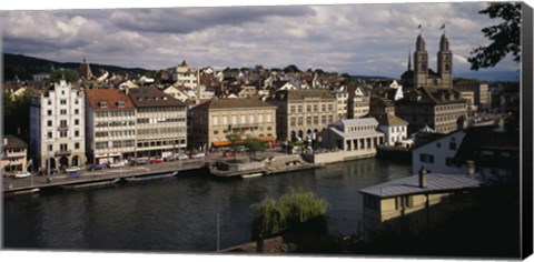 Framed High angle view of buildings along a river, River Limmat, Zurich, Switzerland Print