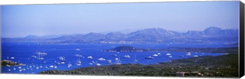 Framed Aerial view of boats in the sea, Costa Smeralda, Sardinia, Italy Print