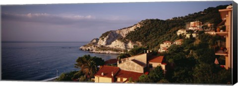 Framed High angle view of a city near the sea, Ligurian Sea, Italian Rivera, Bergeggi, Liguria, Italy Print