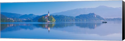 Framed Reflection of mountains and buildings in water, Lake Bled, Slovenia Print