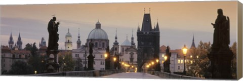 Framed Lit Up Bridge At Dusk, Charles Bridge, Prague, Czech Republic Print