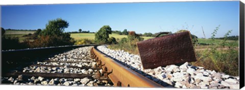 Framed Close-up of a suitcase on a railroad track, Germany Print