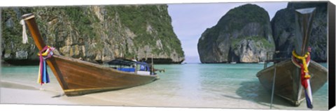 Framed Longtail boats moored on the beach, Mahya Beach, Ko Phi Phi Lee, Phi Phi Islands, Thailand Print