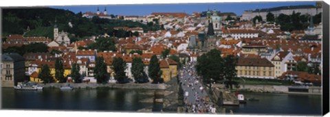 Framed High angle view of tourists on a bridge, Charles Bridge, Vltava River, Prague, Czech Republic Print