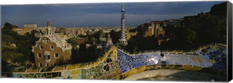 Framed High angle view of a city, Parc Guell, Barcelona, Catalonia, Spain Print