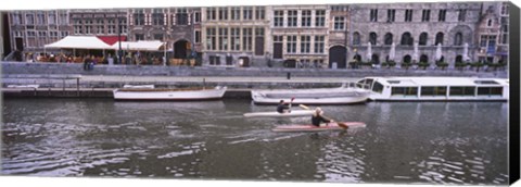 Framed High angle view of two people kayaking in the river, Leie River, Graslei, Ghent, Belgium Print