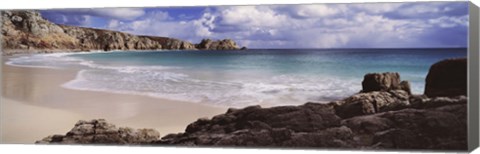 Framed Cliffs at seaside, Logan Rock, Porthcurno Bay, Cornwall, England Print