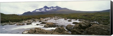 Framed River Sligachan, distant mountain in mist, Glen Sligachan, Isle of Skye, Scotland. Print