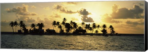 Framed Silhouette of palm trees on an island at sunset, Laughing Bird Caye, Victoria Channel, Belize Print