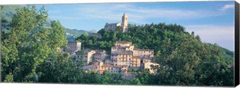 Framed Buildings surrounded by trees, Montefortino, Province of Ascoli Piceno, Marches, Italy Print