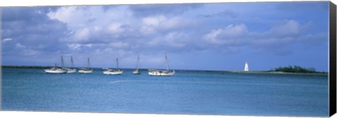 Framed Boats in the sea with a lighthouse in the background, Nassau Harbour Lighthouse, Nassau, Bahamas Print