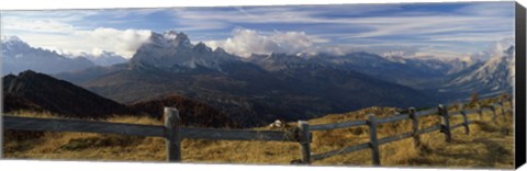 Framed Fence with a mountain range in the background, Mt Rite, Dolomites, Cadore, Province of Belluno, Veneto, Italy Print