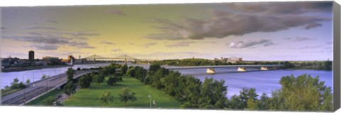 Framed Bridges across a river, Jacques Cartier Bridge, Pont De La Concorde, Montreal, Quebec, Canada Print