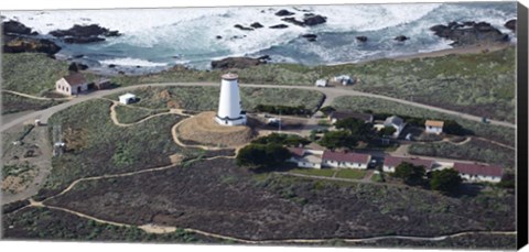 Framed Aerial view of Piedras Blancas Lighthouse on the coast, San Luis Obispo County, California, USA Print