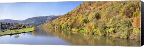 Framed River flowing in a valley in autumn, Neckar River, Neckargemund, Baden-Wurttemberg, Germany Print