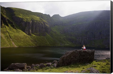 Framed Young Woman Meditating, Coumshingaun Lough, Coeragh Mountains, County Waterford, Ireland Print