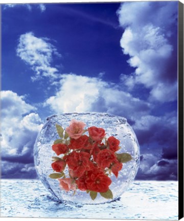 Framed Crystal round vase filled with ice and red roses resting on seashore with blue sky and white clouds Print