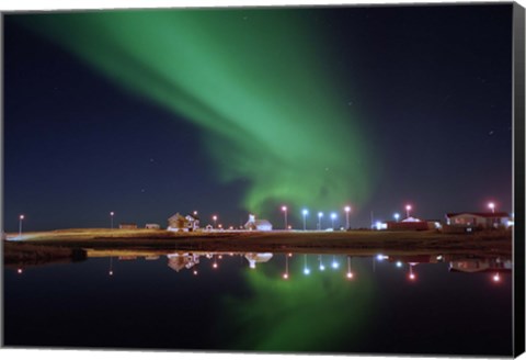 Framed Aurora Borealis over a town, Njardvik, Iceland Print