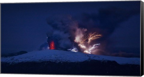 Framed Erupting Volcano at Night, Eyjafjallajokull, Iceland Print