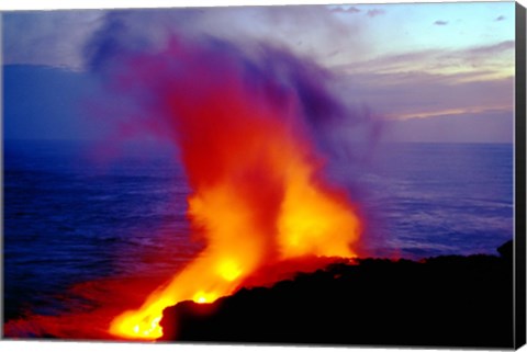 Framed Lava from Volcano Falling into Sea, Big Island, Hawaii Print