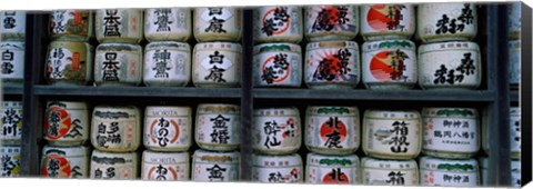 Framed Stack of jars on racks, Tsurugaoka Hachiman Shrine, Kamakura, Kanagawa Prefecture, Kanto Region, Japan Print