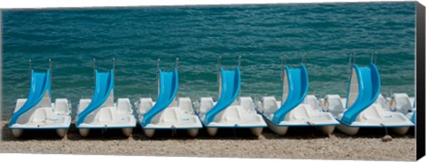 Framed Slide boats on beach, Lac de Sainte Croix, Alpes-de-Haute-Provence, Provence-Alpes-Cote d&#39;Azur, France Print