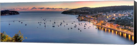 Framed Elevated view of a city at dusk, Villefranche-Sur-Mer, Alpes-Maritimes, Provence-Alpes-Cote d&#39;Azur, France Print