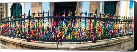 Framed Colorful Bonfim wish ribbons tied around at Church of Nosso Senhor do Bonfim, Pelourinho, Salvador, Bahia, Brazil Print