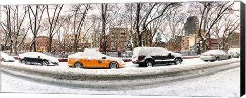 Framed Snow covered cars parked on the street in a city, Lower East Side, Manhattan, New York City, New York State, USA Print