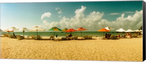 Framed People relaxing under umbrellas on the beach, Morro De Sao Paulo, Tinhare, Cairu, Bahia, Brazil Print