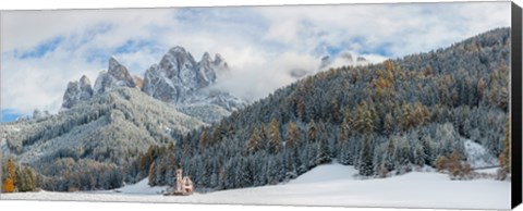 Framed Little church at the snowy valley in winter, St Johann Church, Val di Funes, Dolomites, Italy Print