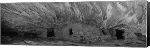 Framed Dwelling structures on a cliff in black and white, Anasazi Ruins, Mule Canyon, Utah, USA Print