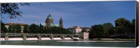 Framed Church at the riverside, St. Luke Church, Isar, Munich, Bavaria, Germany Print