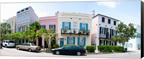 Framed Rainbow row colorful houses along a street, East Bay Street, Charleston, South Carolina, USA Print