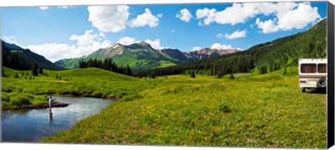 Framed Man camping along Slate River, Crested Butte, Gunnison County, Colorado, USA Print