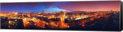 Framed High angle view of a city lit up at night, Montreal, Quebec, Canada Print