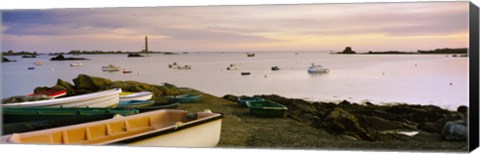 Framed Boats at Lilia with lighthouse in background on Iles Vierge, Brittany, France Print