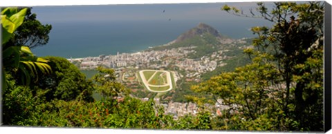 Framed Aerial view of a town on an island, Ipanema Beach, Leblon Beach, Corcovado, Rio De Janeiro, Brazil Print