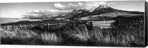 Framed Fence with mountains in the background, Colorado (black and white) Print